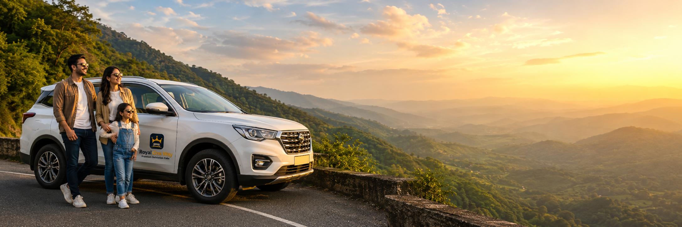 Customer standing beside yellow SUV on scenic mountain road